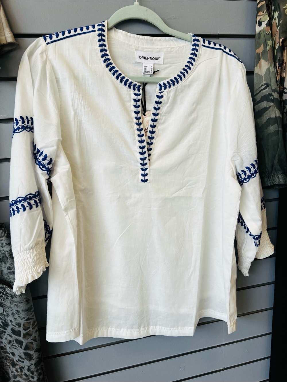 Orientique White Embroidered Peasant Blouse with Blue Trim
